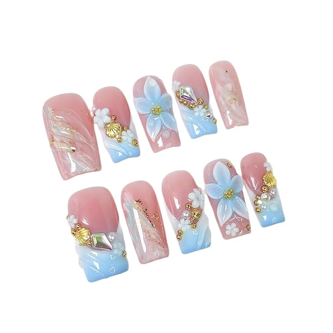 10Pcs Handmade Press on Nails Medium Square Fake Nails with 3D Flower Art Design Light Blue French False Nails Luxury Acrylic Nails Press Ons Reusable Stick on Nail for Women (Size M)