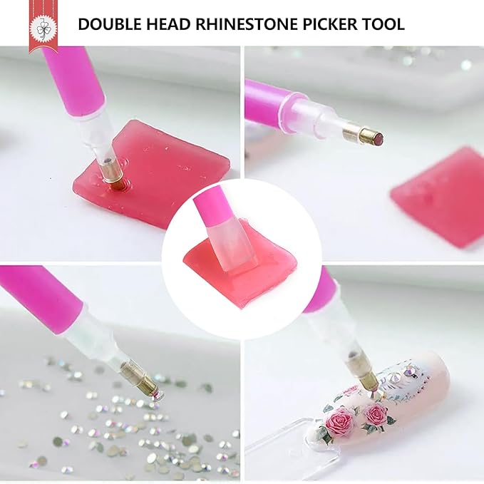Rhinestone Picker Tool, 4Pcs Dual-head Dotting Tools with 20pcs Clay, Precision Jewelry Tweezers and Diamond Tray, Nail Art Pen for Pick Up Stone, Crystals, Gems, Charms, Diamond Painting
