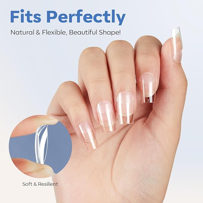 modelones Short Square Nail Tips, Pre-shaped Soft Gel Tips Fake Nails False Acrylic Clear Full Cover Press on Extension Gel Kit Manicure DIY at Home 216PCS 12Sizes