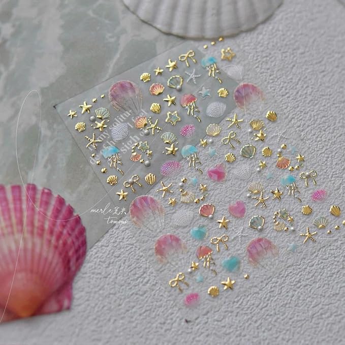 Laser Pearl Seashell Nail Stickers 5D Embossed Gold Ocean Nail Decals 3D Self-Adhesive Starfish Nails Supplies Jellyfish Nails Designs Summer Nail Art Decoration for Women DIY Manicure 1 Sheet