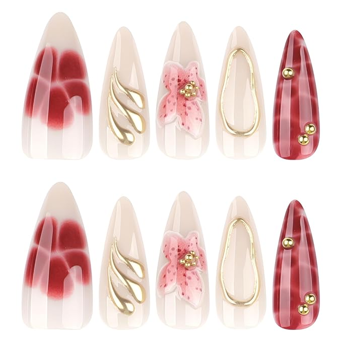 Flower Fake Nails Long Almond Press on Nails Gold Line False Nails Glossy Nails press Ons with Gold Rhinestones Design Acrylic Stick on Nail Reusable Stick on Nail for Women Decorations Set 24Pcs