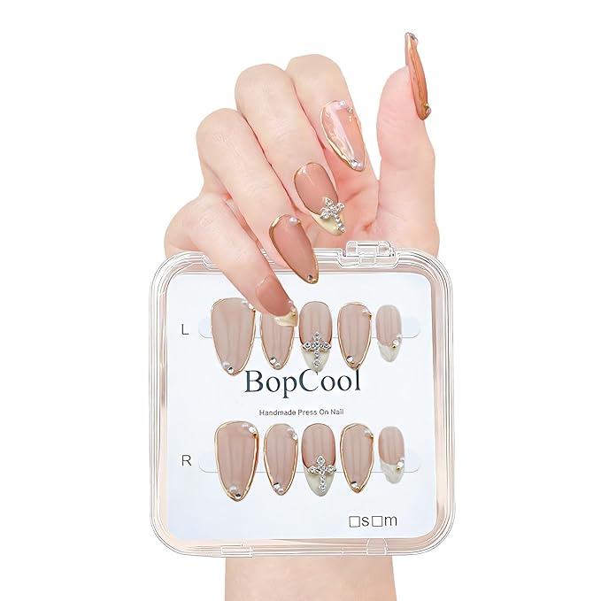 Luxury Handmade false nails，3D Gold French Cross Press-On Nails – Medium Almond Shape False Nails with Rhinestone Embellishments, Elegant Reusable Stick-On Nails(10PCS-S)