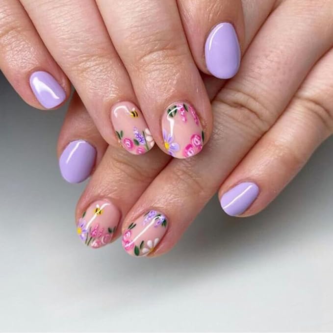 Purple Press on Nails Square Short Fake Nails Press ons Nail Tips Artificial Acrylic Kit Full Cover False Nails with Flower Leaves Glossy Design Stick on Nails for Women 24Pcs