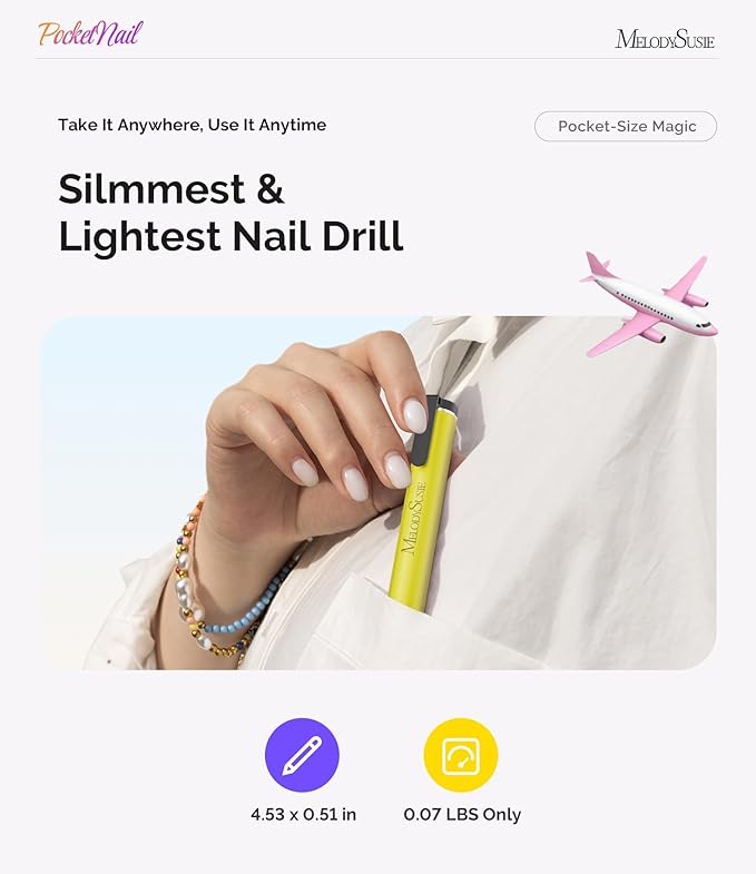 MelodySusie PocketNail Slim Ergonomic Pen-Shaped USB Nail Drill, PC100G 20000RPM Portable Electric File for All Manicure, Pedicure Nail Care, Shaping & Gel Removal at Home for Beginners
