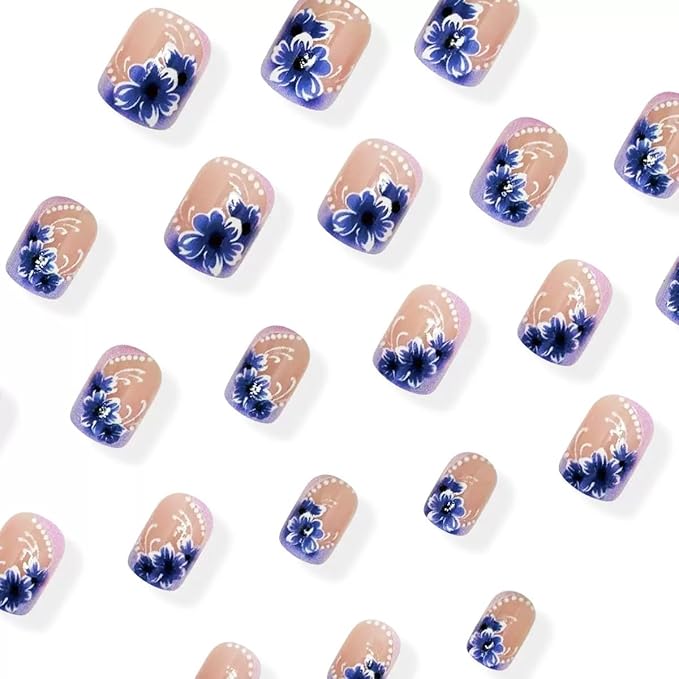 Press on Square Nails - Short Fake Nails with Purple Flower Design - Spring Full Cover Stick on False Nails - for Women 24 Pcs