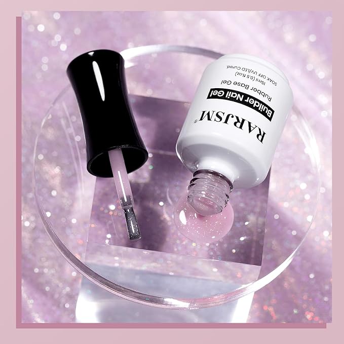 RARJSM Glitter Rubber Base Gel Nail Polish Nude Gray Purple Pink Rubber Base Rainbow Iridescent Shimmer Brush on Extend Builder Hard Gel Soak Off Curing Requires 15ml Salon Home French Manicure