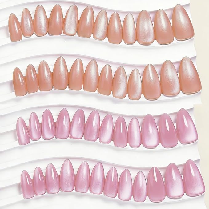 KQueenest 4 Packs Cat Eye Press On Nails Almond, Glitter Summer Press On Nails Medium, Bright Fake Nails Press Ons Almond, Sparkle Chrome Glue On Nails for Women, 96 Pcs False Nails Kit