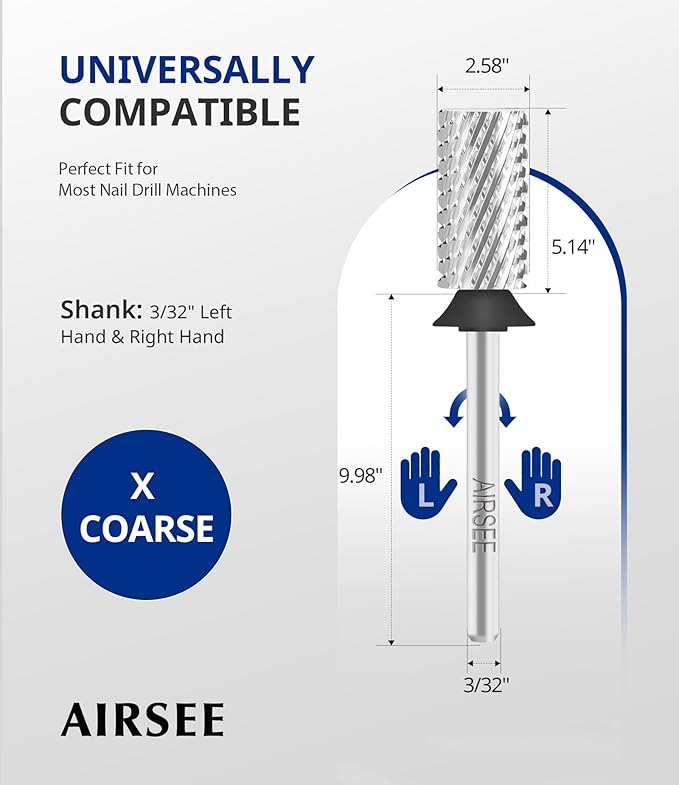 AIRSEE Tungsten Carbide Acrylic Nail Drill Bit Efile Electric File Machine Head Tip for Manicure Polishing Art Remove Gel 3/32" 2 Way Professional Tech Flat Top Cylinder Barrel Extra Coarse-XC