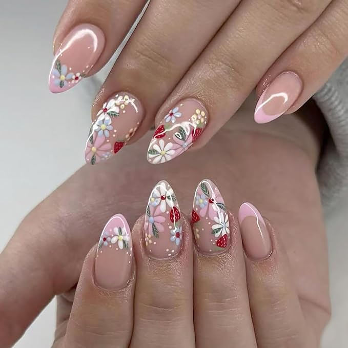 Flowers Press on Nails Medium Almond Fake Nails with Multicolor Floral Strawberry Designs Pink French Tip False Nail Glossy Full Cover Spring Summer Stick on Nail for Women 24Pcs