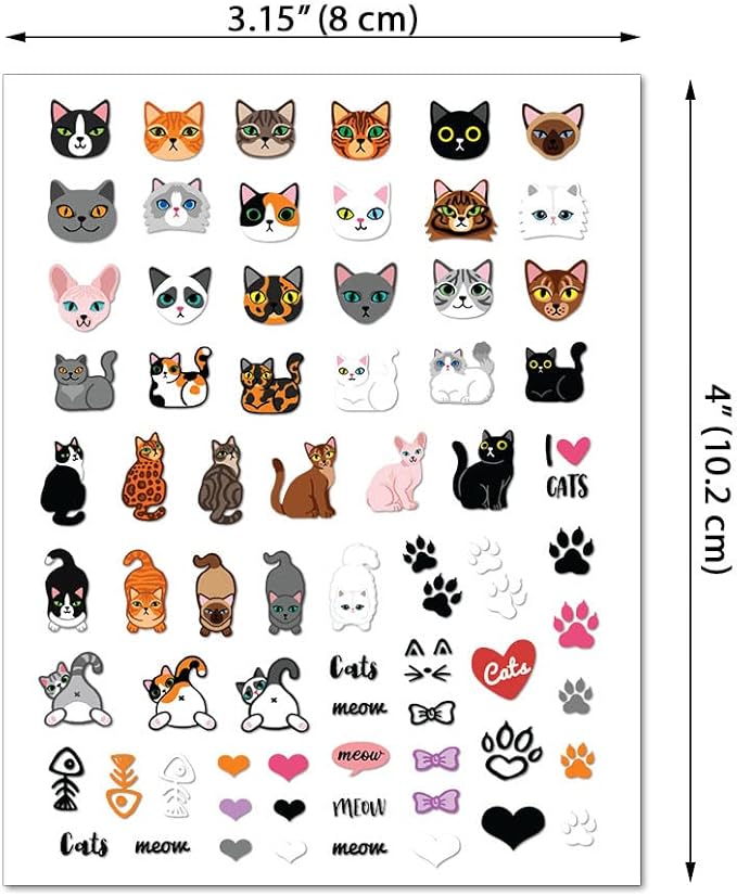 WIRESTER 8 Sheets of Nail Art Stickers Decals - Self-Adhesive Nail Decals for Women Kids Girls - Cats (Cat Face, Cat Paws, Fish Bone, Meow, Heart, Bow Tie)