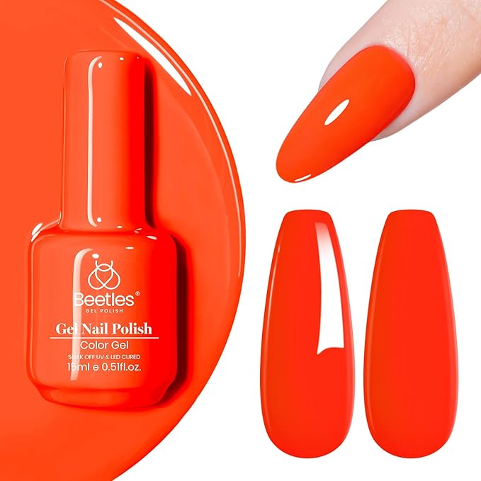 Beetles Neon Orange Gel Polish - Neon Sunset Spring Gel Nail Polish, Bright Orange Vibrant Color Soak Off UV High Glossy Nail DIY Drawing at Salon Home Nail Art 15ml