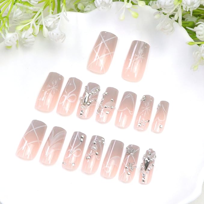 Pink Ombre Press on Nails Square Long White Snowflake Bow Heart Pearls Rhinestones Fake Nails Press ons Winter Cute Handmade Acrylic Full Cover Glossy Glue on Nail for Women 24 Pcs