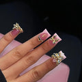 Pink French Tip Press on Nails Short Duck Fake Nails with Design 5D Butterfly Glue on Nails Rhinestone Bow False Nail Artificial Acrylic Full Cover Glossy Stick on Nails for Women Manicure 24Pcs