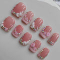 Handmade Short Press on Nails Square Press-on Nails Nude Base with Flower and Rhinestones Design French Tip Nails Press Ons 10pcs M Size Pattern 1102