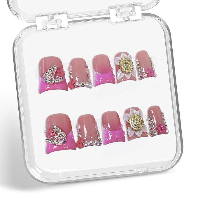 Luxury Handmade Press on Nails 3D Unique Flower Fake Nails Pink French Tip False Nail with Butterfly Rhinestone Designs Short Duck Muti-Layer Gel Acrylic Nail Full Cover Stick on Nails for Women（S)