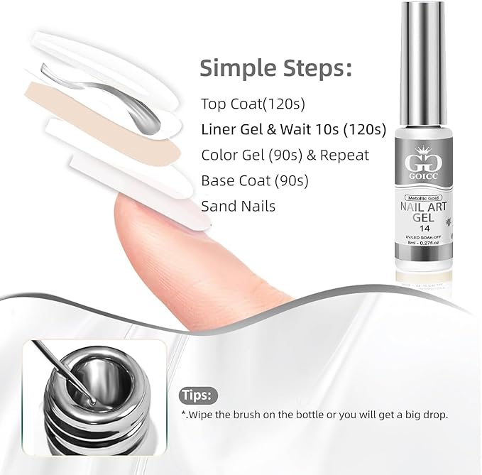 Metallic Gel Nail Polish Sliver Gel Liner For Nail Art Chrome Silver Nail Polish 8ml 3D Mirror Chrome Effect Painting with Thin Brush French Nail Design Curing Requires