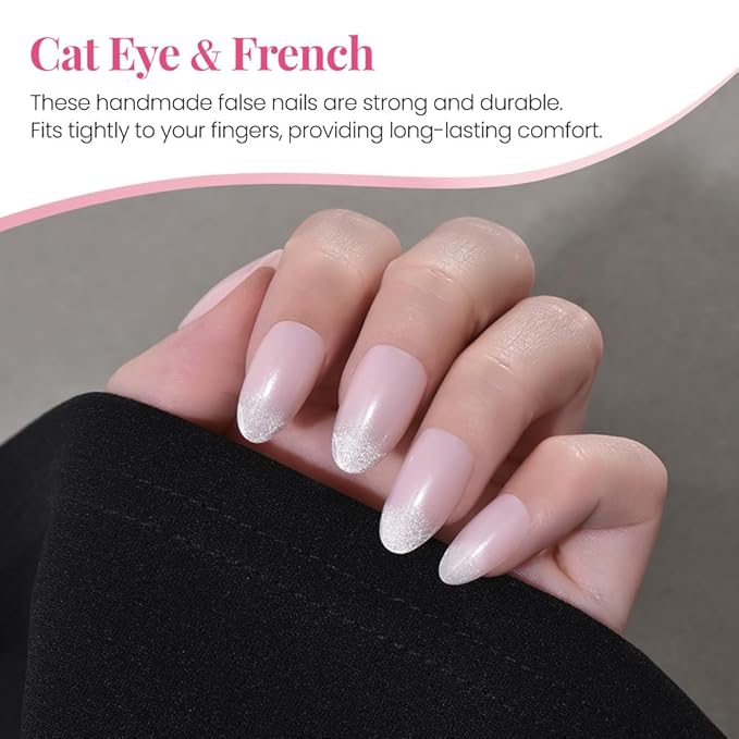 Cat Eye Ombre Pink Press On Nails Short Almond 30 Pcs, Designer Reusable Acrylic Fake Nails with Glue, Glossy Soft Gel Nails Wedding and Party, Stick On Glue On Nails, Nails fro Women Gift