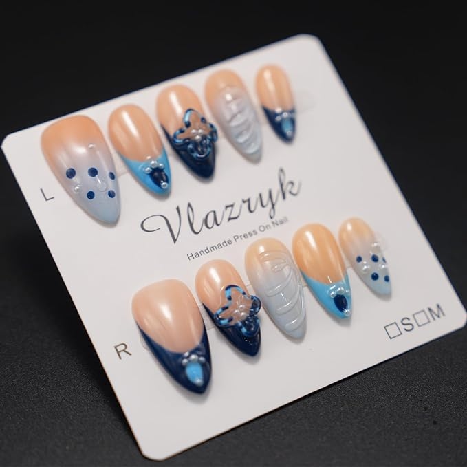 Handmade Press On Nails, Blue French Tip Winter Medium Almond Nails with 3D Flower Art | Reusable Fake Nails Kit for Women, Salon-Quality Glue-On False Nails（10PCS)