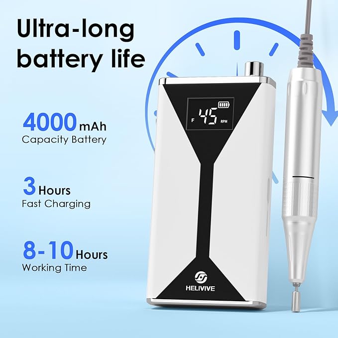 Professional Electric Nail Drill 45000RPM (Portable & Rechargeable) (with 11 Drill Bits ) Cordless Nail File Machine for Shaping, Polishing & Removing Gel Nails for Salon Home (White)