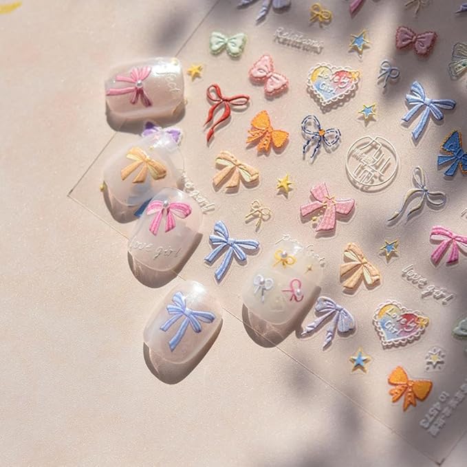 Bow Nail Stickers Decals Cute Nail Art Stickers Colorful Nail Decals 5D Self Adhesive Bow Knot Nails Art Decals Nails Charms Supply for Women Girls Kid Manicure Decoration Accessories 2 Sheets