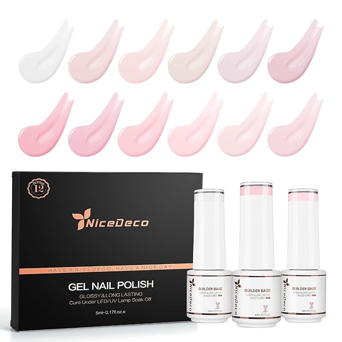 Nicedeco Builder Nail Gel Polish 12pcs, Hema Free, Cruelty Free, Vegan, Base Colors Nude Pink Hard Strengthener Rubber Gel Extension Kit 1