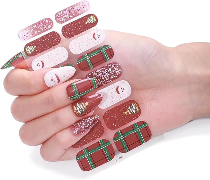 Christmas Nail Wraps Full Stickers Nail Polish Strips, DIY Self-Adhesive Nail Art Decals Snowflakes Xmas Tree Candy Cane Pattern with 5 Piece Nail Files for Party Decor 5Sheets 80Pcs