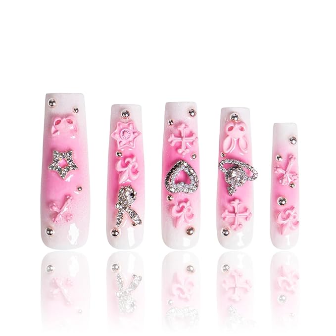 LOVFUL Press on Nails Pink Bliss Blush | Handmade with Full Covered Crystals | Reusable Full Cover Nails | Square Mid length 1.7 in | H141-S