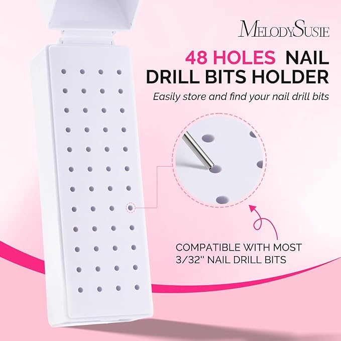 MelodySusie Nail Drill Bits Holder, 48 Holes Case, Portable Dustproof Displayer Organizer Container, Nail Tech Professional Nail Art Tool, Travel Salon Home, White (Drill Bits Not Included)