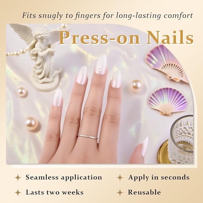 evpct Chrome Press on Nails Short Almond, Glazed Aurora White Holographic Glossy Acrylic Soft Gel Fake Nails Kit with 3D Shell Pearl Designs, Stick on Nails with Nail Kit, Reusable Stick on Nail Kit