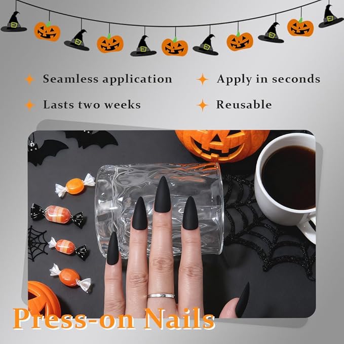 Halloween Press On Nails Medium Long Matte Stiletto Almond, Acrylic Press On Nails, Ghost Designer Reusable Fake Nails, Artificial Nail Hallows' Day, Glue On Nail Press Ons for Women