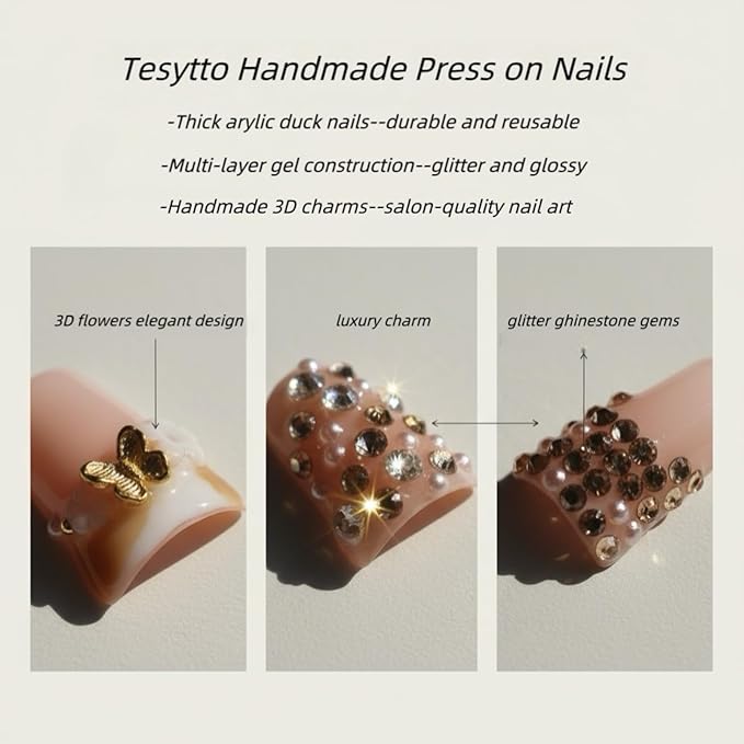 Short Duck Press on Nails Handmade 3D Flowers Butterflies Designs Nude Pink False Nails White French Tip Thick Acrylic & Muti-Layer Stick on Nails for Women Nails Art(Sunflowers,S)