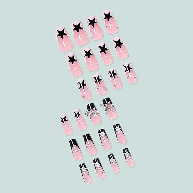 Press on Nails Medium Square French Tip Black White Star False Nails with Designs Star Charm Y2K Acrylic Nails Glossy Glue on Nails Full Cover Manicure Artificial Nails for Women Girls 24Pcs