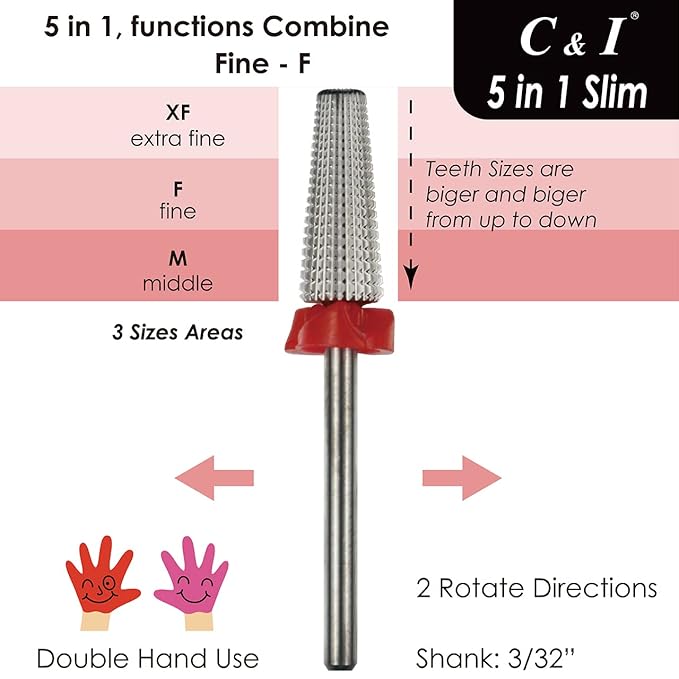 C & I 5 in 1 Nail Drill Bit, Slim Edition, Professional Manicure Drills for Electric Nail Drill Machine (Fine -F)