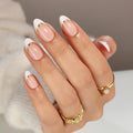 White French Tip Press on Nails with Gold Line Design - Soft Gel Almond Press on Nails Short for Women, Glossy Glue on Nails with Glue in 16 Sizes - 32 Reusable Fake Nails, Gold Ribbon