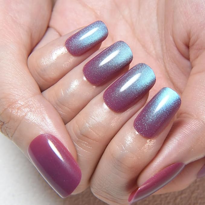 evpct Mauve Blue Reflective Metallic Cat Eye Press on Nails Square Medium, Stick on Nails Medium Length Square for Women, Mauve Metallic Nail press ons, Iridescent Glitter Acrylic Fake Press on Nail