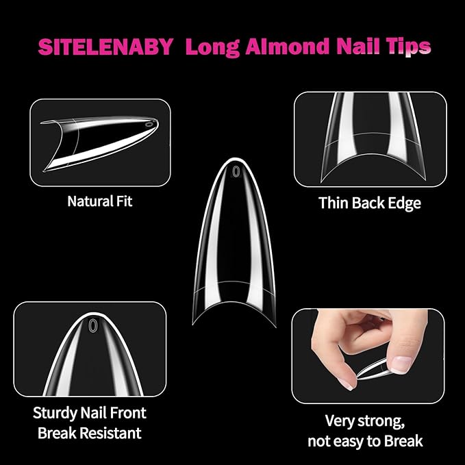 Long Almond Nail Tips,300PCS Soft Gel Pre-Shaped Acrylic Nail Tips X Half Cover Press On Nails, Almond Shape Nails For Nail Extension DIY