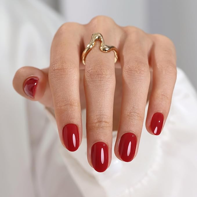 Red Press on Nails Oval for Women Gift - SHANGMENG Soft Gel Press on Nails Short with Glue, Fit Perfectly & Natural Glue on Nails in 16 Sizes - 32 Reusable Fake Nails, Cherry Red