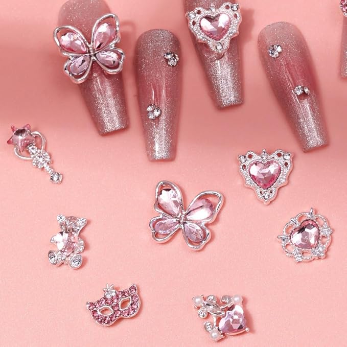 60 Pcs Heart Nail Charms, Rhinestone Pink Butterflies Nail Art Gems, Star Heart Butterfly Charms Decorations Sailor Moon Acrylic Nail Accessories for Women DIY Crafts 1