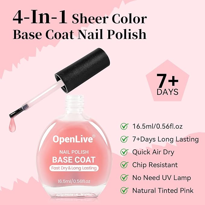 Base Coat Nail Polish Sheer Pale Pink, Regular Nail Polish Enhances Natural Look, Quick Air Dry for Women Salon DIY Nail Art