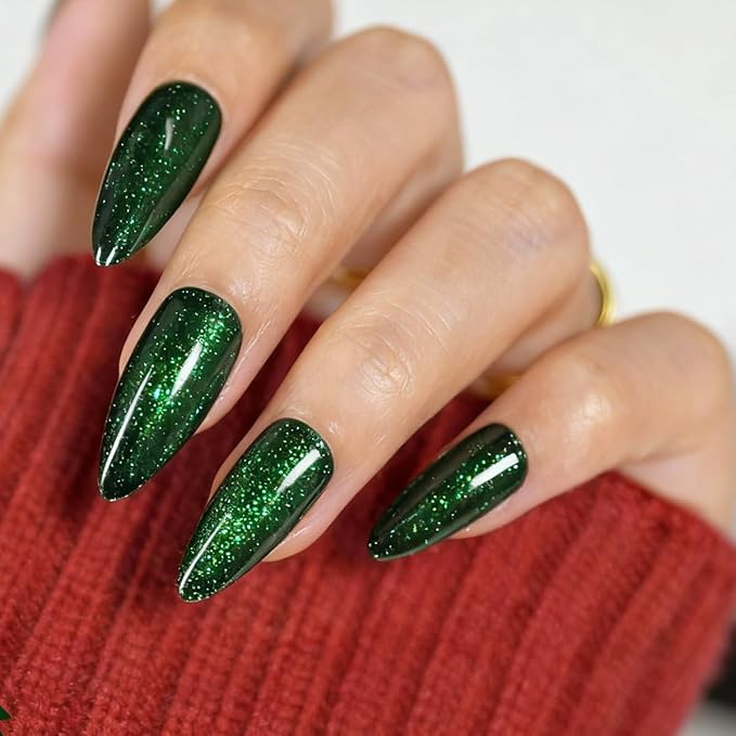 Green Cat Eye Press on Nails Almond Medium Fake Nails Sparkly Glitter Black False Nails Press ons Designs Gradient Gel Glue on Artificial Nails for Women Manicure 30Pcs