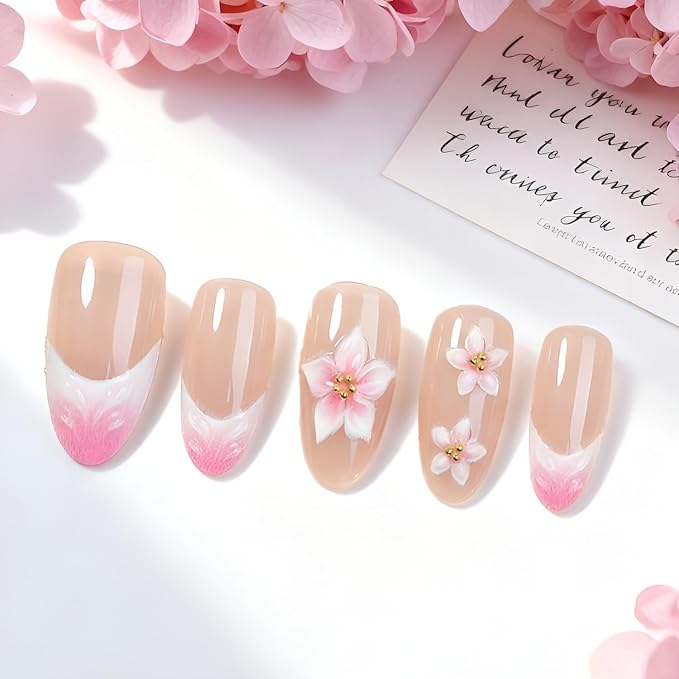 Flower Press on Nails Medium Almond Fake Nails Pink French Tip Nails Press Ons 3D Flower False Nails with Rhinestones Design Acrylic Glossy Stick on Nail Spring Glue on Nail for Women Set 30Pcs