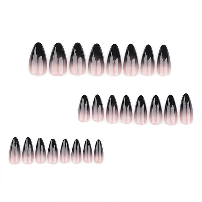 Black Press on Nails Medium Almond Fake Nails Press ons Medium False Nails with Designs Ombre Glossy Full Cover Acrylic Glue on Nails Halloween Stick on Nails for Women Nail Art Decoration 24Pcs