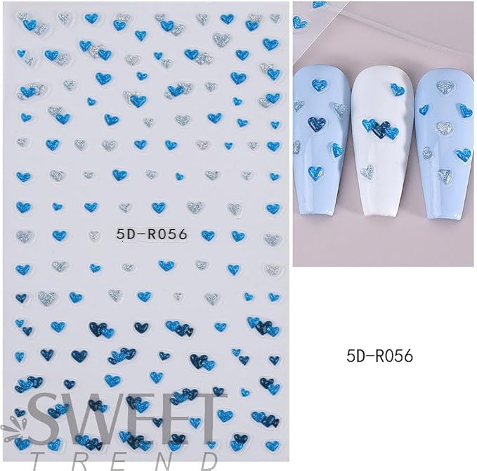 Valentine Day Nail Stickers 5D Embossed Red Hearts Nail Decals Cute Blue Love Nail Designs Multi Kawaii Glitter Nails Supplies Spring Holiday Nails Art Supplies for Women DIY Manicure 4 Sheets