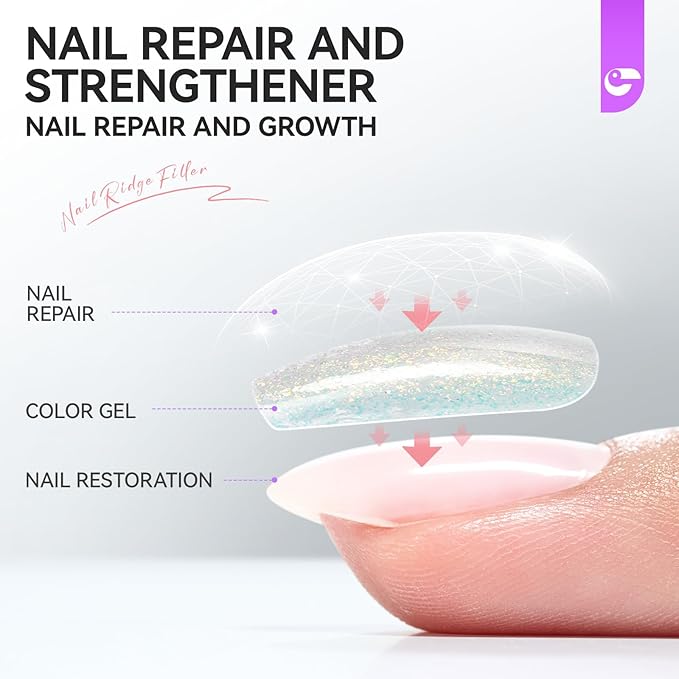 Nail Repair Strengthener for Home Care: Gelike EC 6 in 1 Natural Nail Protein Hardener Extra Strong and Growth - Long Lasting and Fast Dry Polish for Damaged Weak Split Treatment(Glitter Pink 15ml)