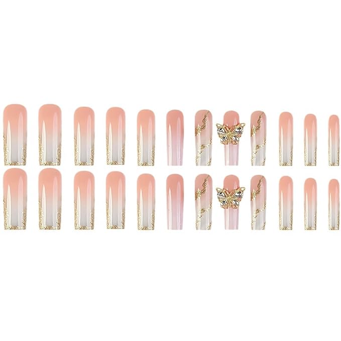 RTKHFZE Press on Nalis Long Coffin Nails Press ons Square Fake Nails Nude Gradient Acrylic False Nails with Metal 3D Butterfly Designs and Gold Glitter Artificial Nail Stick on Nail for Women 24Pcs