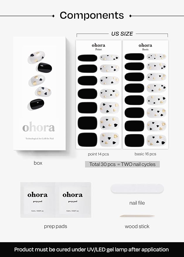 ohora Semi Cured Gel Nail Strips (N Date Night) - Extended Size Range, Works with Any UV/LED Lamps, Salon-Quality, Long Lasting, Easy to Apply & Remove - Includes 2 Prep Pads, Nail File & Wooden Stick