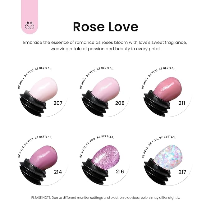 Beetles Poly Nail Gel Kit - 6 Colors (Rose Love) - Nude Pink Glitter - DIY Home Salon Gift for Women Girls
