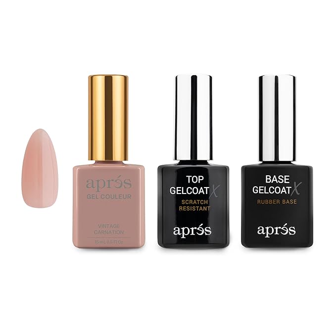 APRÉS Gel Couleur Trio Set - Gel Color, Base Coat, Non-Wipe Top Coat (15ml), Nail Polish Bundle (Vintage Carnation)