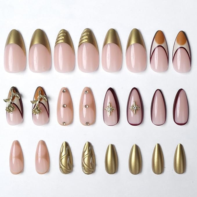 Gold French Tips Press on Nails - Medium Almond Fake Nails - Star Rose Charm Design Rhinestone Glue on Nails - 3D Water Ripple False Nail Glossy Summer Stick on Nail for Women Manicure 24Pcs
