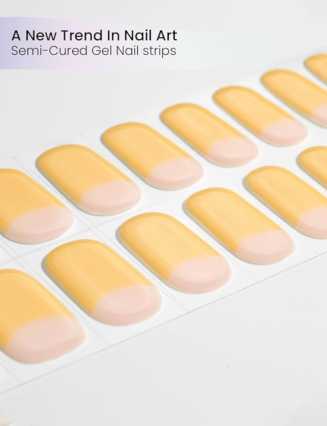 Semi Cured Gel Nail Strips | Built-In Gel Top Coat | UV Light Required | Salon Quality, Easy Application And Removal (Sunshine French）